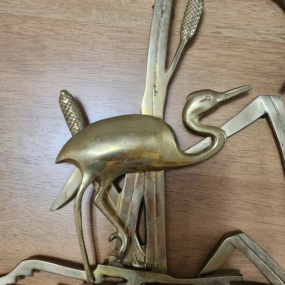 Brass MCM Crane Egret Heron In Reeds Wall Hanging Decor Vintage  Trending